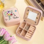 Personnalisé 1-8 Family Birth Flower Bouquet Portable Leather Name Jewelry Box with Mirror Travel Accessories Birthday Gift for Women