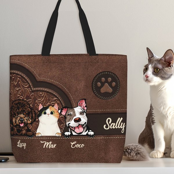 Personalisierte Retro Cartoon Hund Katze Große Tragetasche mit 1-6 Haustier Namen und Pfotenabdruck Geburtstag Geschenk für Tierliebhaber