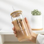 Personalised Horse and Birth Flower 20oz Name Glass Tumbler with Bamboo Lid and Straw Birthday Gift for Horse Lovers