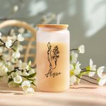 Personalised Horse and Birth Flower 20oz Name Glass Tumbler with Bamboo Lid and Straw Birthday Gift for Horse Lovers