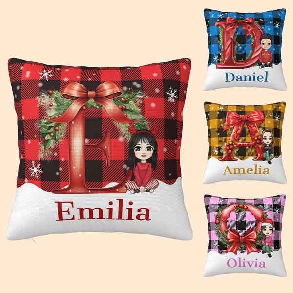 Personalizada Plaid Cartoon Character Holly Bow Initial Suave Funda de Almohada con Nombre Christmas Home Decor Regalo para la Familia