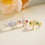 Personalised Double Heart Birthstone Cross Ring with Engraved Text Dainty Christian Jewellery Birthday Baptism Christmas Gift for Women