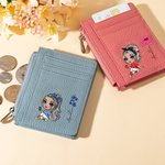 Gepersonaliseerde Cartoon Meisje Geboortebloem Portemonnee van echt leer met naam kaarthouder Verjaardag Verjaardagscadeau voor vrouwen