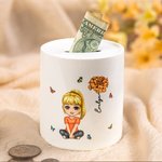 Personalised Cute Cartoon Character Birth Flower Ceramic Money Box with Name Birthday Children's Day Gift for Kids