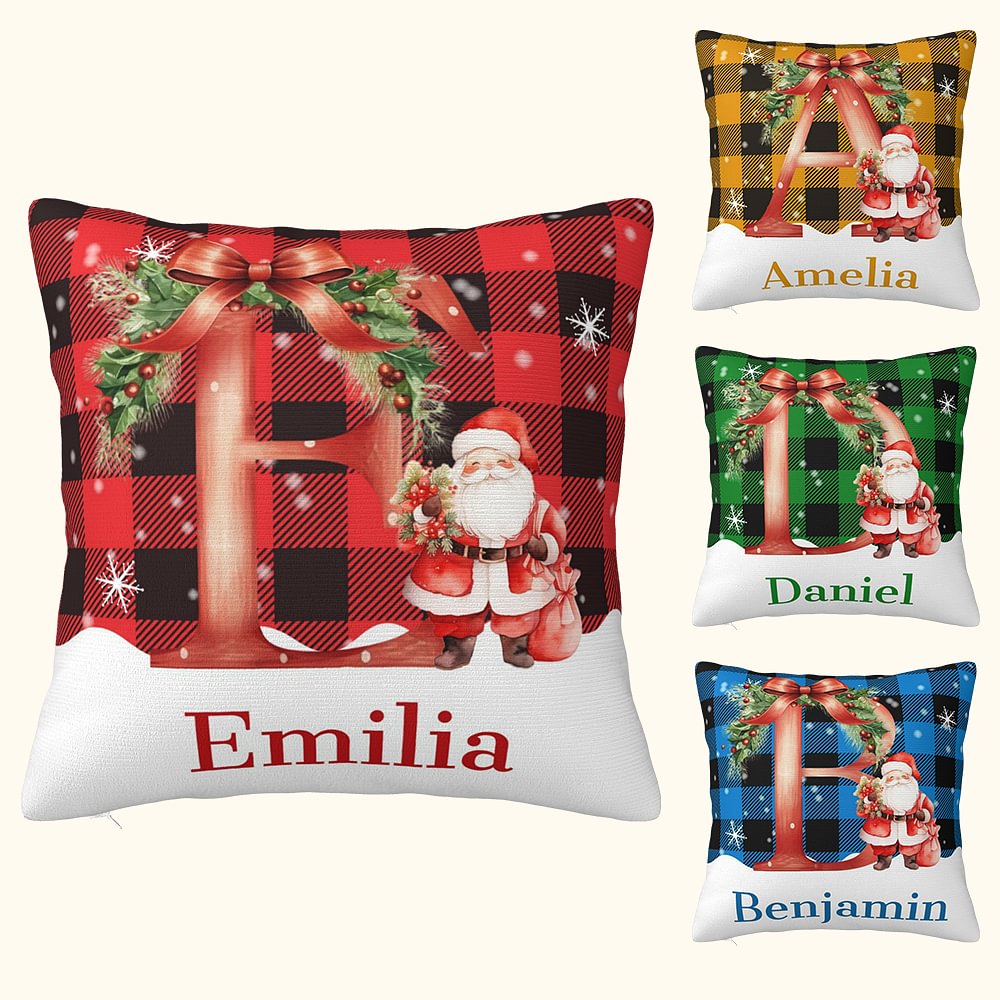 Taie d'oreiller personnalisée en tissu écossais, avec nœud, Père Noël, avec initiales et nom Cadeau de Noël pour la famille