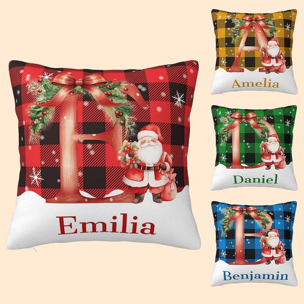 Personalized Plaid Holly Bow Santa Claus Soft Throw Pillow Cover with Initial and Name Home Decor Christmas Gift for Family