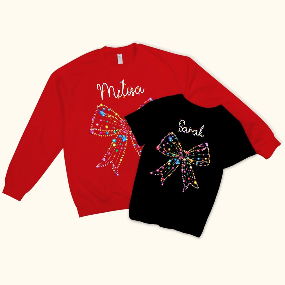 Personnalisé Lumières colorées Coquette Bow Matching Kid Adult T-shirt Sweatshirt avec Nom Anniversaire Noël Cadeau pour la famille