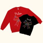 Personnalisé Lumières colorées Coquette Bow Matching Kid Adult T-shirt Sweatshirt avec Nom Anniversaire Noël Cadeau pour la famille