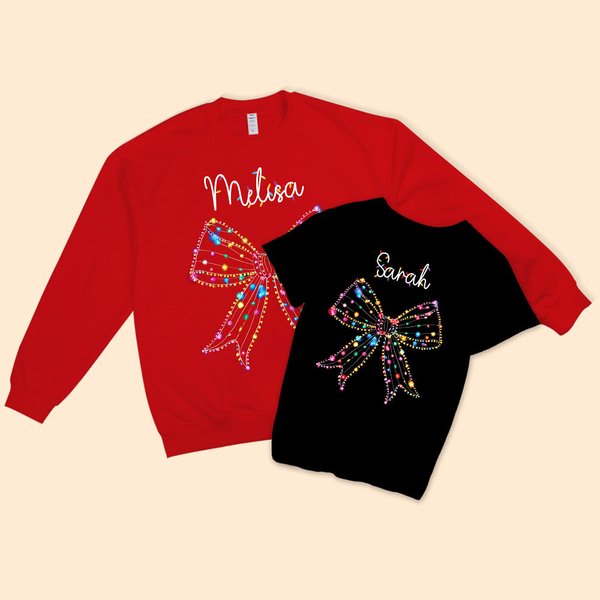 Personalized Colored Lights Coquette Bow Matching Kid Adult T-shirt Sweatshirt with Name Birthday Christmas Gift for Family