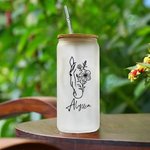 Personalised Horse and Birth Flower 20oz Name Glass Tumbler with Bamboo Lid and Straw Birthday Gift for Horse Lovers