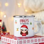 Personalised Jingle Bell Gingerbread Cartoon Character 11oz Silver Rim Enamel Mug with Name Birthday Christmas Gift for Boys Girls