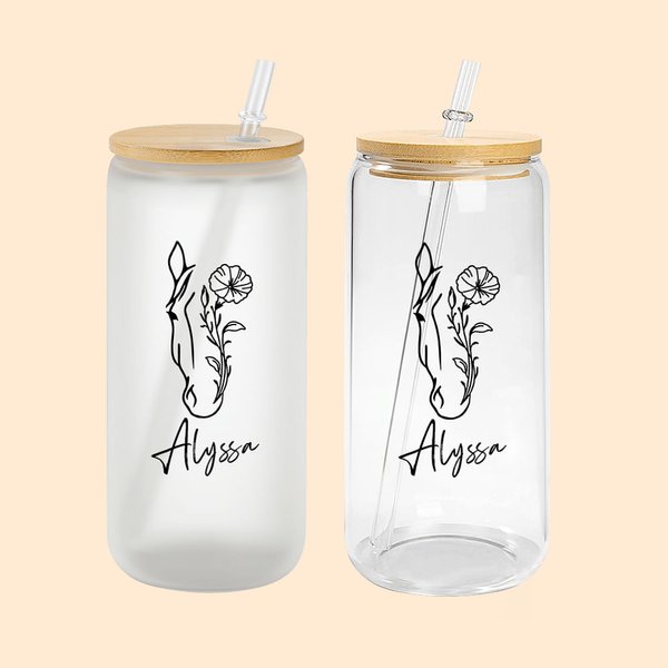 Personalized Horse and Birth Flower 20oz Name Glass Tumbler with Bamboo Lid and Straw Birthday Gift for Horse Lovers
