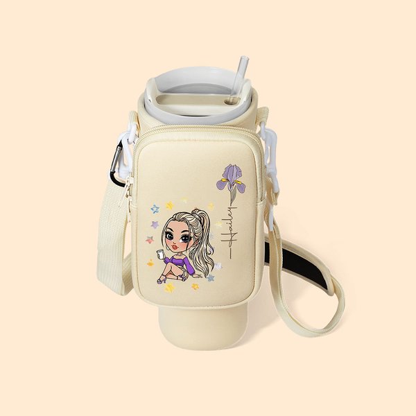 Personalized Cartoon Character Birth Flower Water Bottle Carrier Bag for 40oz Tumbler with Name and Removable Pouch Birthday Gift for Women