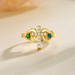 Personalised Double Heart Birthstone Cross Ring with Engraved Text Dainty Christian Jewellery Birthday Baptism Christmas Gift for Women