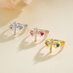 Personalised Double Heart Birthstone Cross Ring with Engraved Text Dainty Christian Jewellery Birthday Baptism Christmas Gift for Women