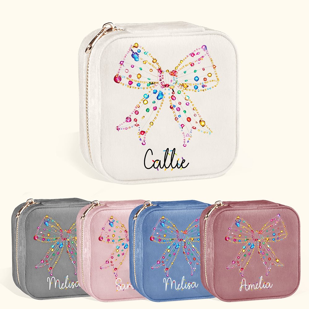 Boîte à bijoux de voyage en velours avec nœud et lumières colorées personnalisée avec nom Cadeau d'anniversaire et de Noël pour les femmes