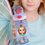 Personalized Cartoon Character Birth Flower Name Kid Water Bottle with Silicone Straw and Handle Birthday Gift for Boys Girls