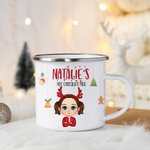 Personalised Jingle Bell Gingerbread Cartoon Character 11oz Silver Rim Enamel Mug with Name Birthday Christmas Gift for Boys Girls