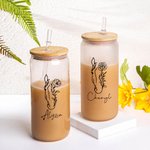 Personalised Horse and Birth Flower 20oz Name Glass Tumbler with Bamboo Lid and Straw Birthday Gift for Horse Lovers