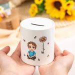 Personalised Cute Cartoon Character Birth Flower Ceramic Money Box with Name Birthday Children's Day Gift for Kids