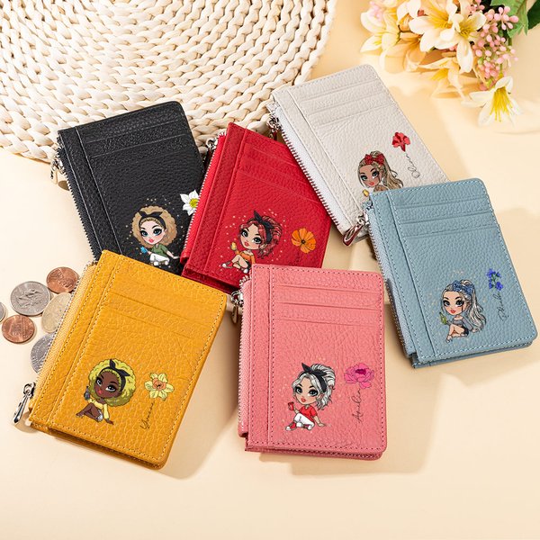 Personalized Cartoon Girl Birth Flower Portable Genuine Leather Wallet with Name Card Holder Birthday Anniversary Gift for Women