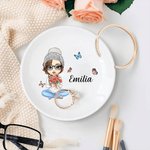 Personalised Cute Cartoon Character Birth Flower Bouquet Ceramic Trinket Jewellery Dish with Name Birthday Bridal Shower Gift for Women