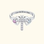 Personalised Double Heart Birthstone Cross Ring with Engraved Text Dainty Christian Jewellery Birthday Baptism Christmas Gift for Women