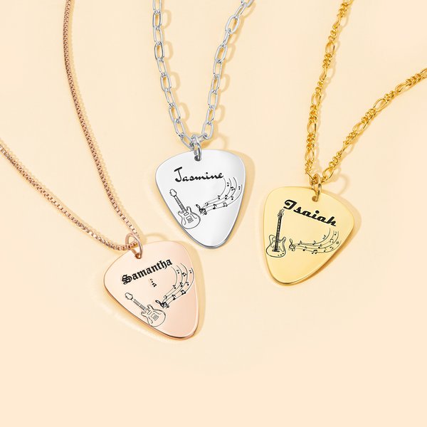 Personalizada Grabado Nota Símbolo Guitar Pick Colgante Collar con Nombre Dainty Música Joyería Cumpleaños Regalo para Guitarristas Amantes