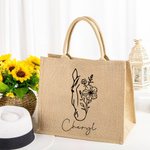 Personalised Line Drawing Birth Flower Horse Large Jute Tote Bag with Name Birthday Gift for Women Horse Lovers