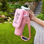 Personalised Line Birth Flower Horse Water Bottle Carrier Bag with Name Pouch and Strap Accessories for 40oz Stanley Birthday Gift for Women
