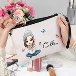 Sac de Maquillage Personnalisé avec Nom Fleur de Naissance et Personnage de Femme Cadeau d'Anniversaire pour les Femmes et les Filles