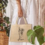 Personalised Line Drawing Birth Flower Horse Large Jute Tote Bag with Name Birthday Gift for Women Horse Lovers