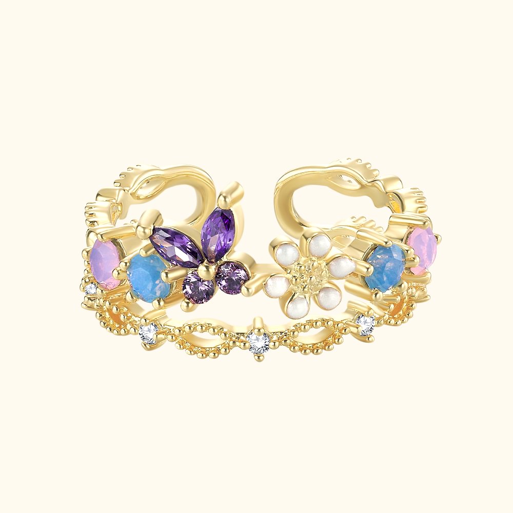 Bague Ouverte de Papillon Floral Personnalisée avec Pierre de Naissance Bijou Empilable Cadeau d'Anniversaire pour Femme