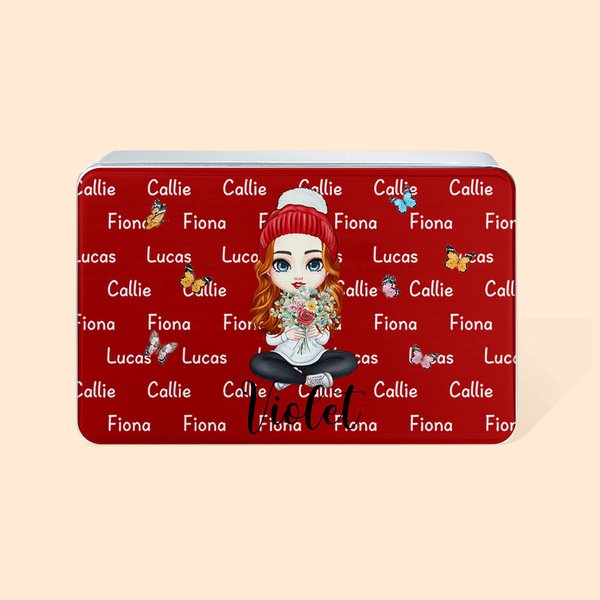 Personalised Butterfly Cartoon Mom Grandma Holding Birth Flower Bouquet Multicolor Biscuit Storage Tin with Names Birthday Christmas Gift for Women