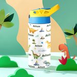 Personalised Multicolor Dinosaur 12oz Name Water Bottle with Straw and Spill-Proof Lid Back To School Birthday Gift for Boys Girls
