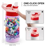 Personalised Colorful Fantasy Unicorn 12 oz Insulated Water Bottle with Name and Silicone Straw Birthday Gift for Kids