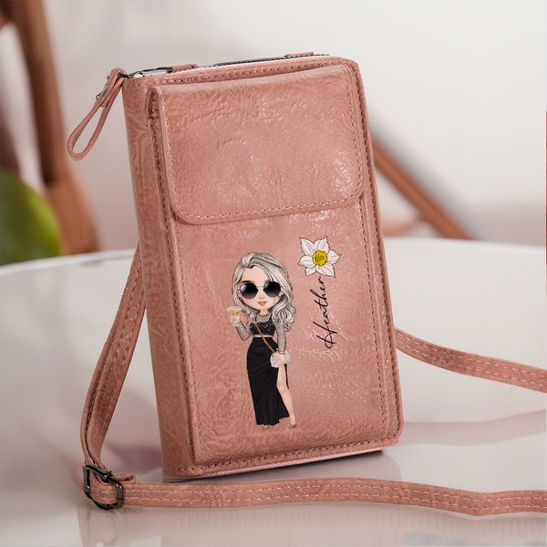 Personalized Cartoon Character Birth Flower PU Leather Portable Crossbody Wallet Phone Bag with Name Travel Essential Birthday Gift for Her