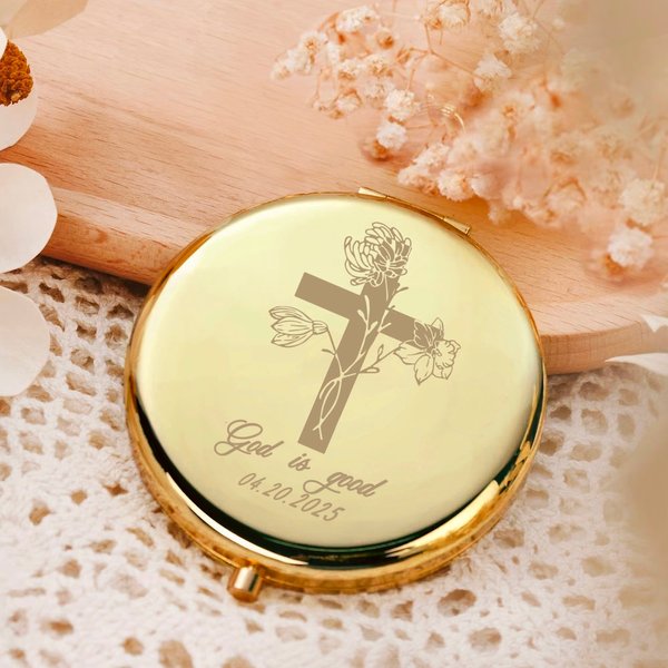 Personalized Cross Birth Flower Bouquet Compact Makeup Mirror with Engraved Text Set of 2 Birthday Wedding Christmas Gift for Christian Women