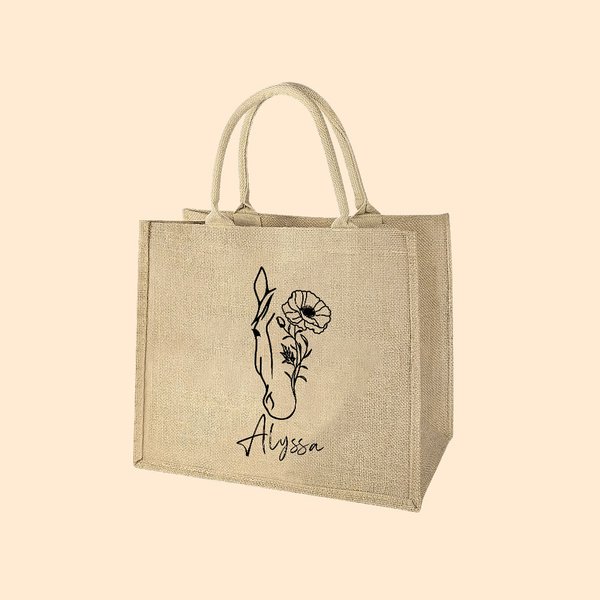 Personlig Linjeteckning Födelseblomma Häst Stor Jute Tote Bag med Namn Födelsedagspresent för kvinnor Hästälskare