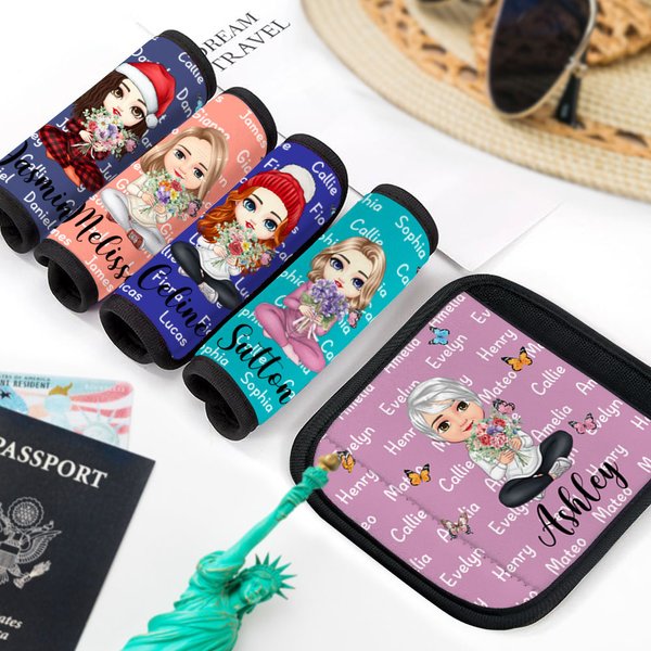 Personalised Birth Flower Cartoon Character Luggage Handle Wraps with Name Set of 2 Travel Accessories Birthday Gift for Travel Lovers