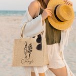 Personalised Line Drawing Birth Flower Horse Large Jute Tote Bag with Name Birthday Gift for Women Horse Lovers