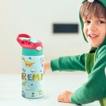 Personalised Multicolor Dinosaur 12oz Name Water Bottle with Straw and Spill-Proof Lid Back To School Birthday Gift for Boys Girls