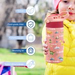 Personalised Multicolor Dinosaur 12oz Name Water Bottle with Straw and Spill-Proof Lid Back To School Birthday Gift for Boys Girls