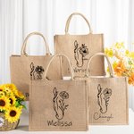 Personalised Line Drawing Birth Flower Horse Large Jute Tote Bag with Name Birthday Gift for Women Horse Lovers