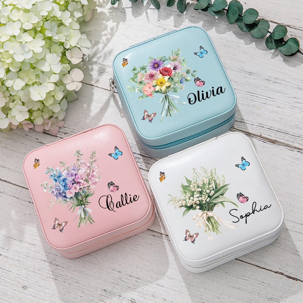 Coffret à bijoux de voyage en cuir personnalisé avec nom, anniversaire, mariage, famille, papillon.