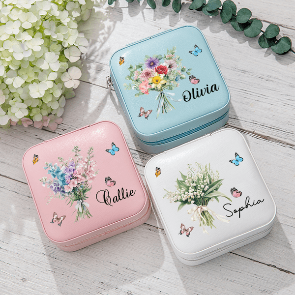 Coffret à bijoux de voyage en cuir personnalisé avec nom, anniversaire, mariage, famille, papillon.