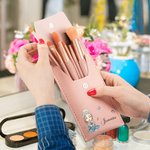 Personalised Cartoon Mom Grandma Holding Birth Flower Bouquet Leather Makeup Brush Bag with 8 Makeup Brushes Birthday Christmas Gift for Women