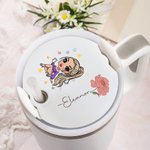 Personalised Cartoon Girl Birth Flower Name Tag Lid Topper Tumbler Accessories for Stanley Birthday Gift for Girls