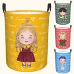 Personalised Cartoon Girl Boy Waterproof Laundry Storage Basket with Name and Handle Birthday Children's Day Gift for Kids