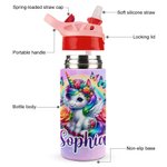 Personalised Colorful Fantasy Unicorn 12 oz Insulated Water Bottle with Name and Silicone Straw Birthday Gift for Kids